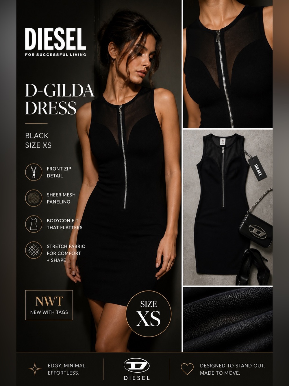 Diesel D-Gilda Zip Front Bodycon Dress Black XS NWT